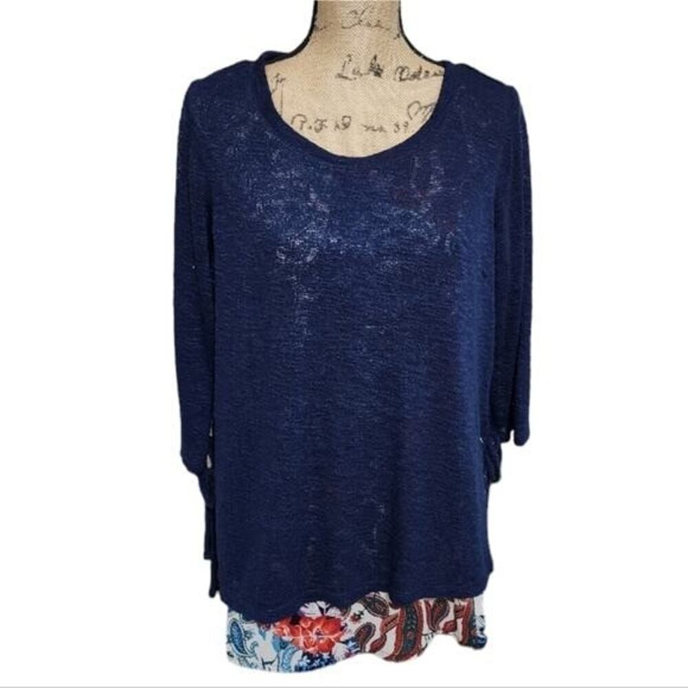 Avenue Floral Trimmed Slightly Sheer Ruched Side Tunic Length Shirt SZ 14 16 XL